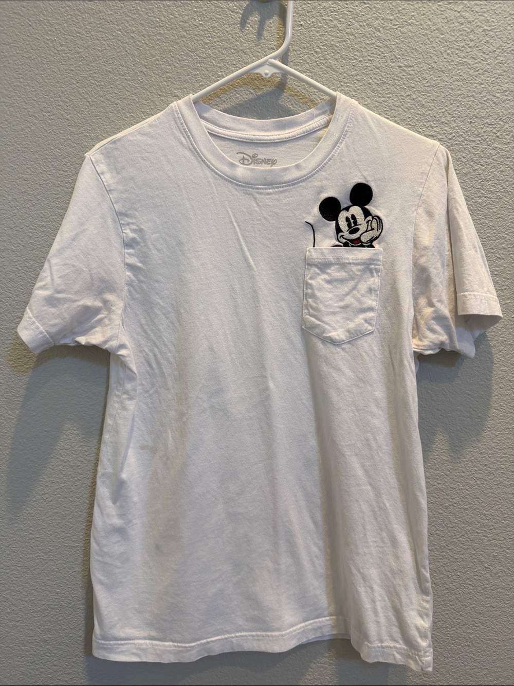 Disney Women’s White Crewneck Tee with Mickey Pocket Art Embroidered